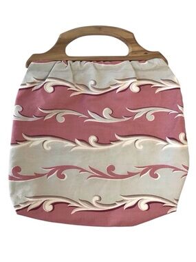 Vintage Knitting Sewing Bag Wooden Handles Hand Made Vat Prints Fabric 17”x19”
